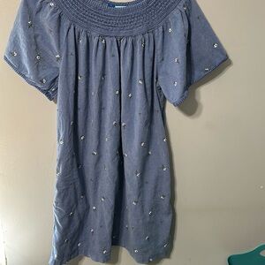 Smocked top embroidered chambray dress